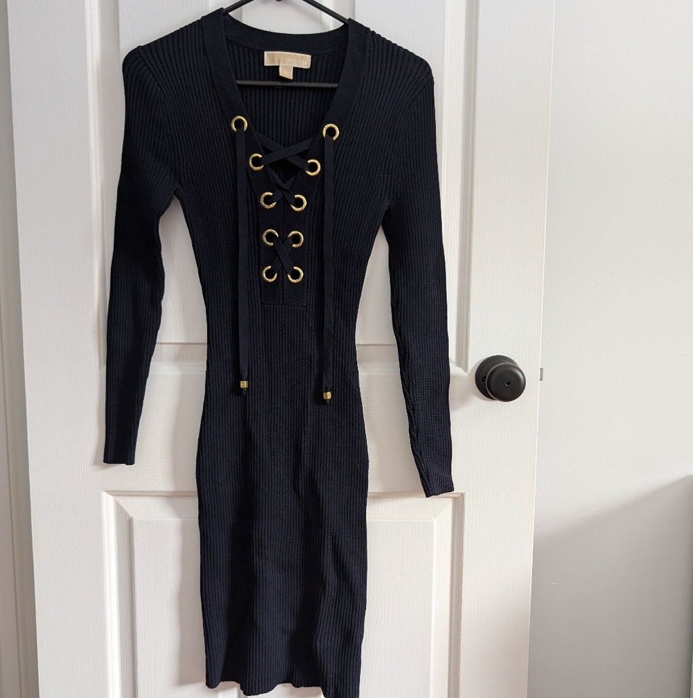 Michael Kors Women's Navy Long Sleeve Ribbed Dress with Gold Accents XS